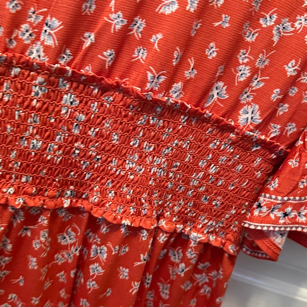 Floral Reddish Orange V-Neck Smocked Waist Flutter Sleeve Dress Size Large - Picture 9 of 11